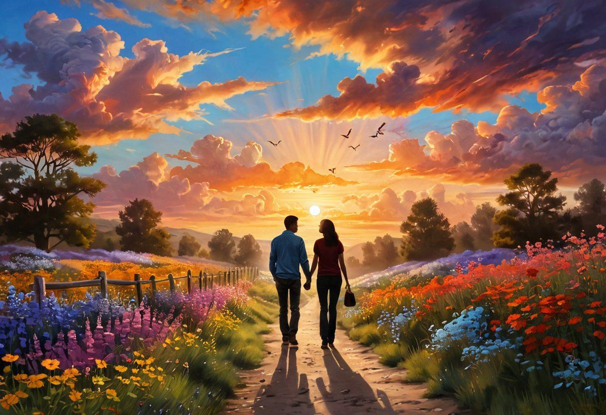A serene landscape depicting two silhouettes of people walking hand-in-hand along a sunlit path, surrounded by blooming wildflowers and soft clouds, symbolizing the journey of unconditional love. Incorporate vibrant colors of sunset reflecting their intimacy while butterflies flutter around them, representing transformation and connection. Imbue the scene with a sense of warmth and hope. super-realistic. vibrant colors. dreamy atmosphere.