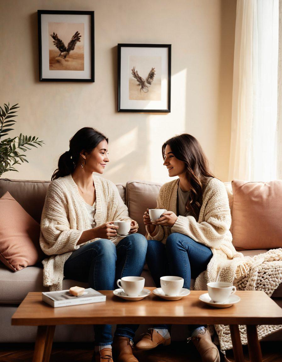 A warm and intimate scene of two people sitting closely on a cozy couch, surrounded by soft lighting and gentle hues, with a steaming cup of tea on a small table, symbolizing trust and tenderness. Include elements like intertwined hands and a backdrop filled with cozy home decor, such as framed love quotes and soft throw pillows. Capture emotions of love and sincerity. super-realistic. warm colors. soft focus.