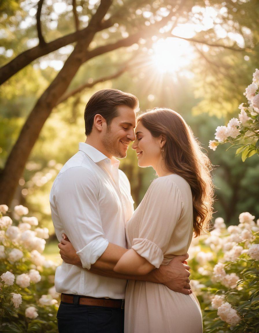A warm, intimate scene of a couple embracing in a serene park during sunset, surrounded by soft light filtering through the trees. Their expressions radiate love and connection, with subtle details like intertwined fingers and gentle smiles creating a sense of intimacy. Include a backdrop of blooming flowers symbolizing growth and connection. soft focus, warm tones, dreamy atmosphere.